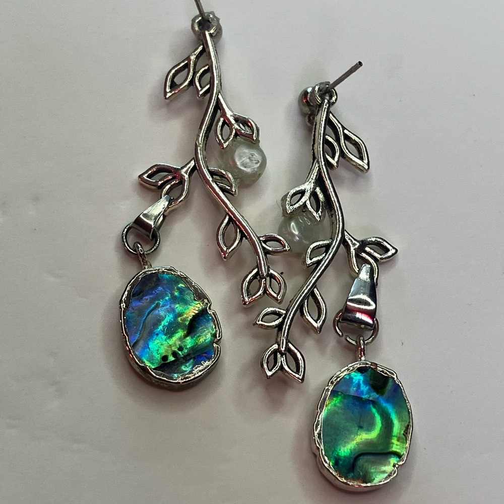 Handmade Silver Leaf Cross Heart earrings White pearl Aurora Barriles Charm - Picture 9 of 12